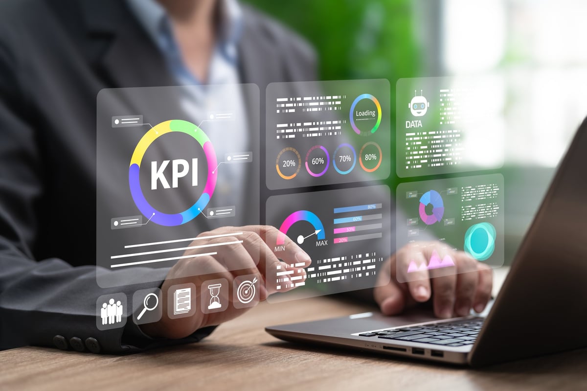 KPI Data Analysis and Business Performance Metrics Dashboard Concept, Businessman Reviewing Key Indicators to Improve Strategy, Productivity, Decision-Making for Sustainable Growth, Digital Marketing