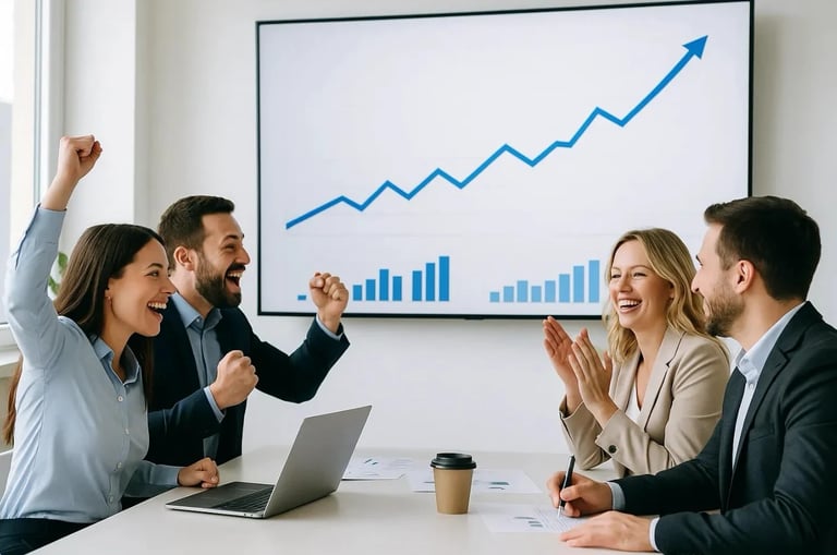 Business team celebrating success with upward growth chart displayed on screen behind them during meeting