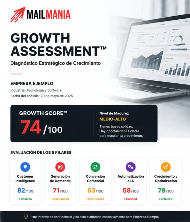 Mailmania Growth Assessment report showing a growth score of 74/100 with five pillar evaluation metrics for technology company analysis